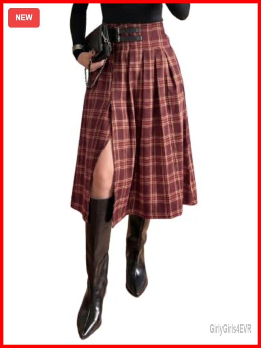 Plaid Midi Skirt High Waist Side Slit A-Line Polyester Elastane